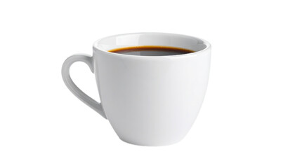 A close-up view of a white ceramic coffee cup filled with dark, rich coffee.