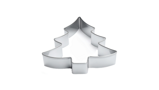 A detailed, metallic Christmas tree-shaped cookie cutter is displayed against a black background.