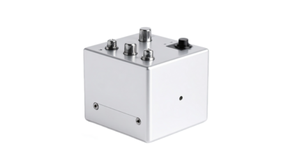 A metallic, cube-shaped device, featuring various controls and a clean, modern design, is presented against a stark background.