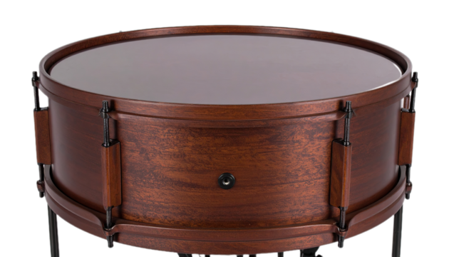 A polished, rich-toned, mahogany drum with a smooth, dark top and metal hardware.