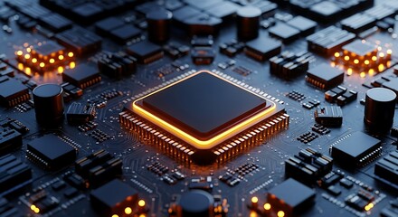 Closeup of a computer processor chip with glowing orange circuits