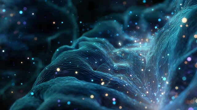 A colorful and intricate design of a spiral with many small dots. Closeup conceptual illustration of gut area glowing with microbiome particles, gut microbiome test, futuristic blue teal tones