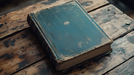 Weathered Antique Book: Teal Cover with Wear Marks on Dark Textured Wooden Surface, Soft Indoor Lighting