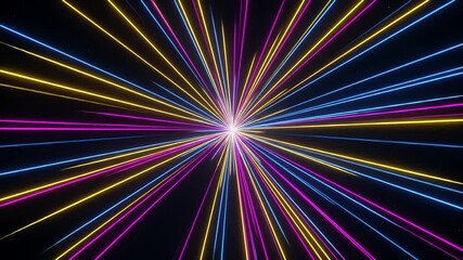 A dynamic starburst of glowing neon light beams in blue, yellow, and magenta radiating from a central point. - Powered by Adobe