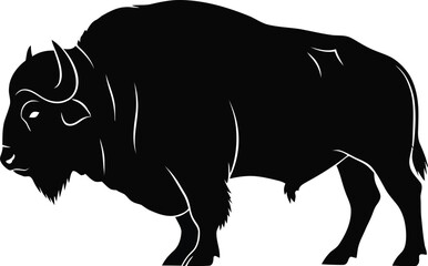 Silhouette of a large American bison, a wild mammal with horns.