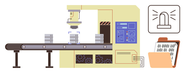 Factory conveyor system moving boxes under robotic scanner, control panel, alert sign, and data folder. Ideal for manufacturing, automation, quality control, supply chain, AI logistics industry