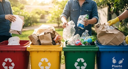 Team sorting waste for a greener future in bright sunshine, demonstrating environmental responsibility and a commitment to sustainability solutions