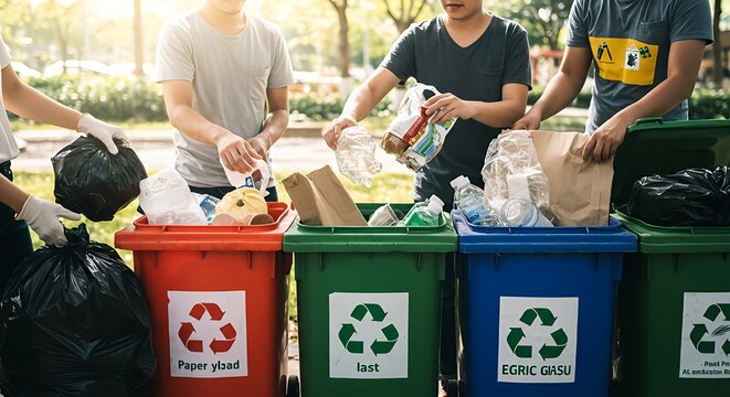Eco conscious volunteers sorting waste into recycling bins for a cleaner planet and sustainable future with vibrant colors and natural outdoor setting