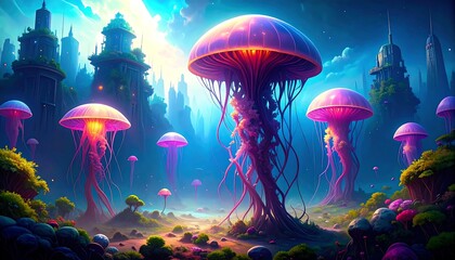 Fantasy city glowing jellyfish
