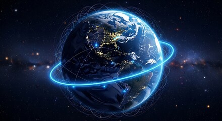 Obraz premium Digital global network connecting the earth with blue light in space