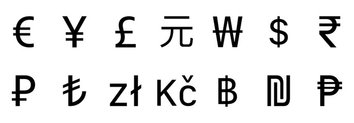 collection of currency symbols arranged in two rows.Euro, Yen, Pound, Yuan, Won, Dollar, and Rupee, Ruble, Lira, Zloty, Koruna , Bitcoin,Naira and Peso 
