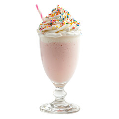 A strawberry milkshake with whipped cream and colorful sprinkles in a clear glass cup.