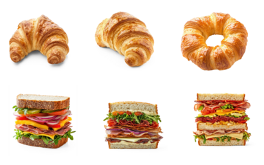 A variety of sandwiches and croissants on a white background.