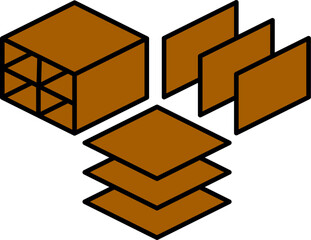 Flat vector illustration of abstract 3D brown geometric shapes. Cube divided into sections, layered squares, and parallel panels 
