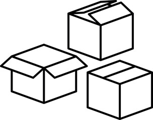 black and white line drawing of three cardboard boxes.