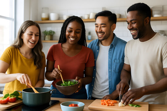 Diverse Friends Cooking Together in a Modern Kitchen