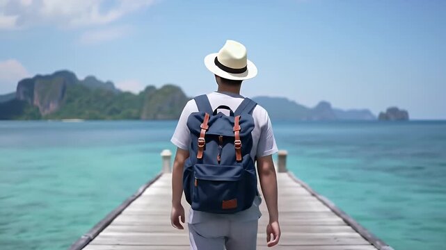 Man with Backpack Walking on Wooden Pier Towards Tropical Ocean with Green Islands Under Blue Sky on Sunny Day During Summer Travel Adventure