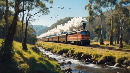 Classic Train with Billowing Smoke Navigates a Scenic River Valley, Birds Soaring