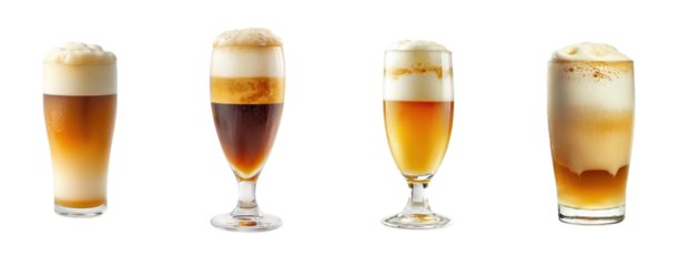 Four glasses of beer with different toppings and styles.