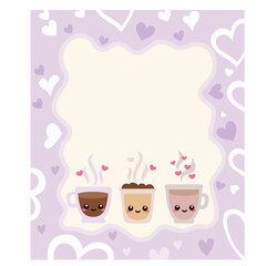 Cute coffee cups with hearts in purple frame, romantic kawaii illustration for Valentine, love greeting cards, and festive celebration design.
