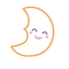 Cartoon crescent moon illustration with smiling face, cute design for kids, night decoration, children’s art, fantasy, and playful projects.
