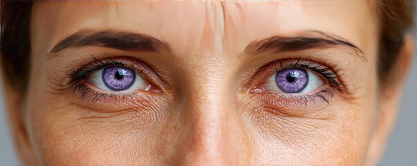 Swollen bags under circles and irritation concept. Close-up portrait of a woman with striking purple eyes.