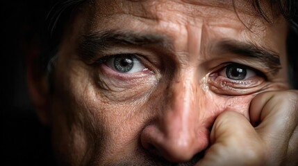 Fototapeta premium Swollen bags under circles and irritation concept. A close-up portrait reflecting deep thought and concern.