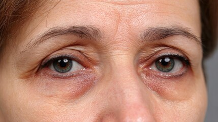 Swollen bags under circles and irritation concept. Close-up of a person's eyes showing signs of fatigue and aging.