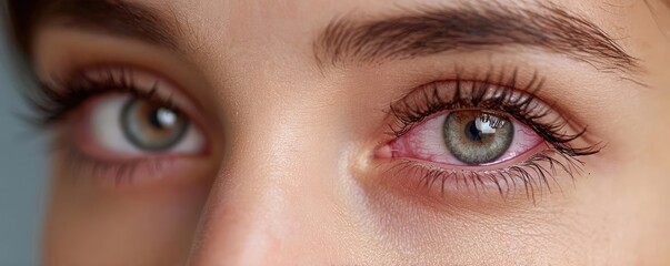 Naklejka premium Swollen lashes and fatigue with visual concept. Close-up of captivating eyes showcasing unique green hues.