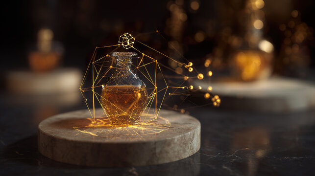 Alchemical still life featuring golden atoms extracted by luminous geometric energy fields, symbolizing transformation.