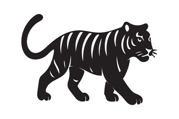 Fototapeta premium Majestic Tiger Silhouette: A powerful, monochromatic illustration showcases a majestic tiger prowling with intent, its iconic stripes adding a touch of artistic flair and visual impact.