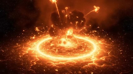 Fiery cosmic explosion with molten rock orange glow and scattered debris against a starry backdrop - Powered by Adobe