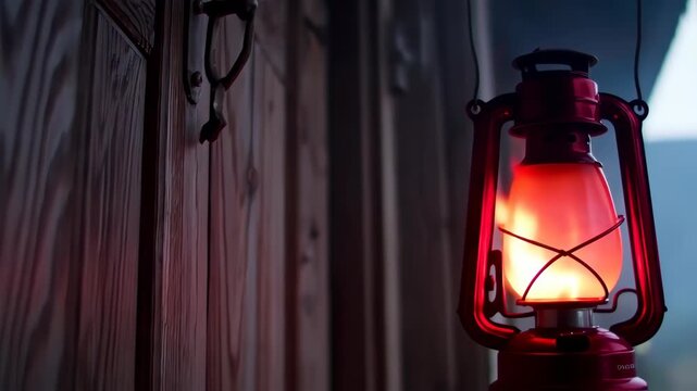 Warm red lantern hangs on wooden wall
