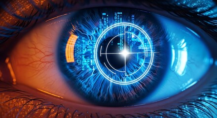 Closeup of a human eye with futuristic digital interface overlay
