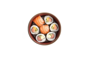 Delicious salmon sushi rolls in a bowl, fresh japanese cuisine, seafood maki, nigiri, asian food, gourmet meal, restaurant menu isolated on transparent background