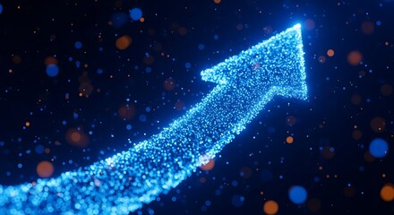 Glowing blue arrow made of particles shows upward growth