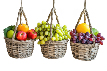 Hanging fruit baskets with apples, grapes, oranges, and melon - png image for graphic design, healthy eating, and summer themes isolated on transparent background