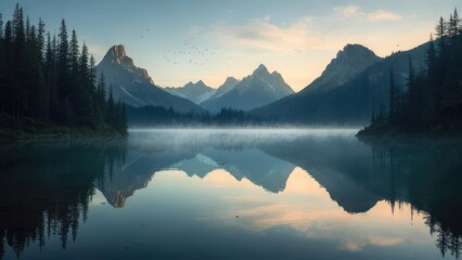 Emerald Lake Serenity: Majestic Mountains, Misty Waters, and Birds in Flight