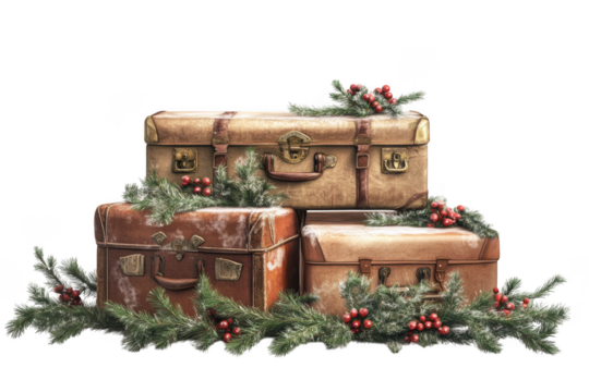 Vintage luggage stack with christmas garland and berries, festive holiday travel theme, decorative suitcases png image isolated on transparent background