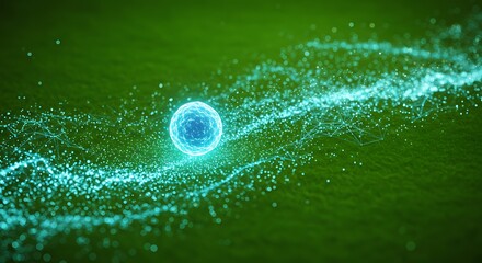 Digital Cell Particle on Green Background with Light Trails and Network Pattern