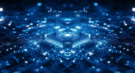 Abstract blue digital circuit board with glowing lights