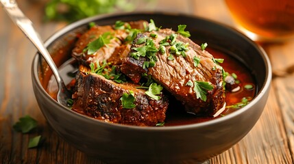 Hearty braised beef in rich savory sauce garnished with fresh herbs