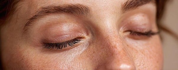 Fototapeta premium Swollen lashes and fatigue with visual concept. Close-up of a woman's peaceful closed eyes and subtle freckles.