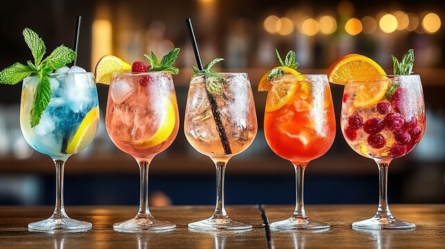 Five colorful cocktails in glasses with fruit and mint on a bar.