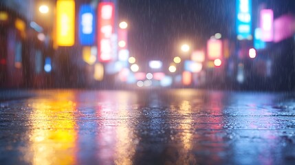 Rainy city street at night with neon reflections