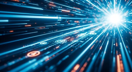 Abstract blue digital data stream with glowing lights and speed