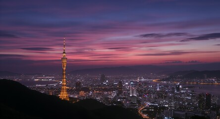 Obraz premium Illuminated Tower Over Night Cityscape at Sunset Stunning Panoramic View