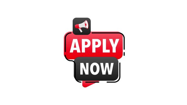 Apply now button with megaphone icon animation on white and green screen