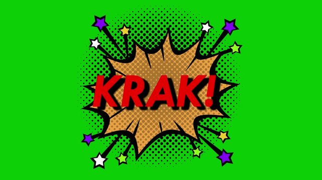 Animated Comic KRAK! Pop Art Explosion Text on Green Screen & Black Background, 4K