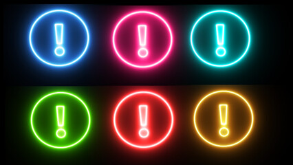 Collection of colorful neon exclamation mark icons on a dark background